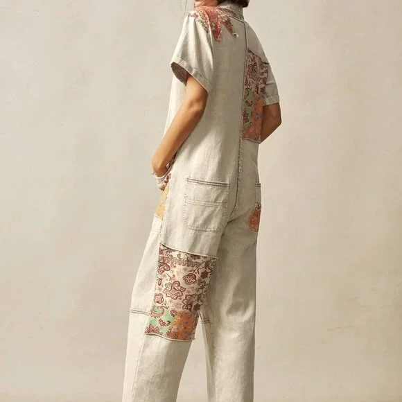 Khaki Casual Women's Boho Western Cowgirl Style Floral Patchwork Jumpsuit - Picture 7 of 7